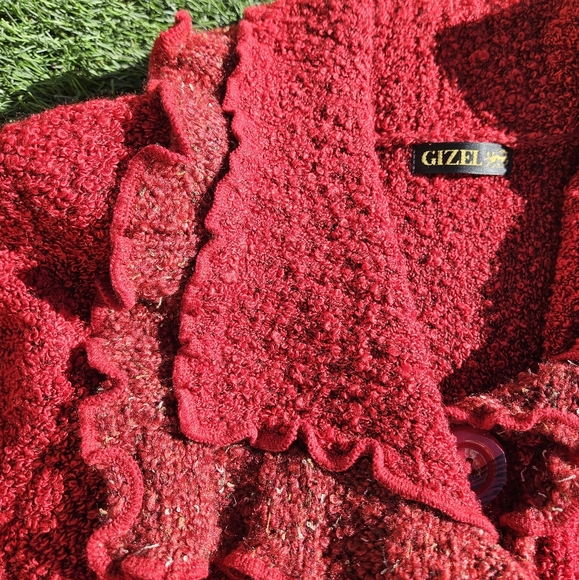 Gizel Sweater Cardigan Vintage Cardigan Red 1X Shoulder Pads 2-Button Closure - Picture 4 of 16